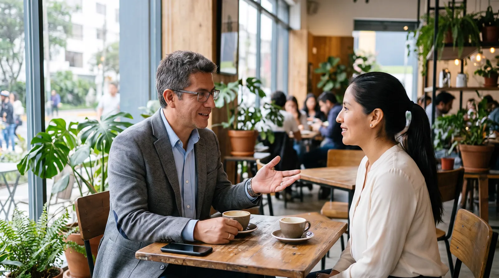 Asociado comercial conversando con una gerente en un café