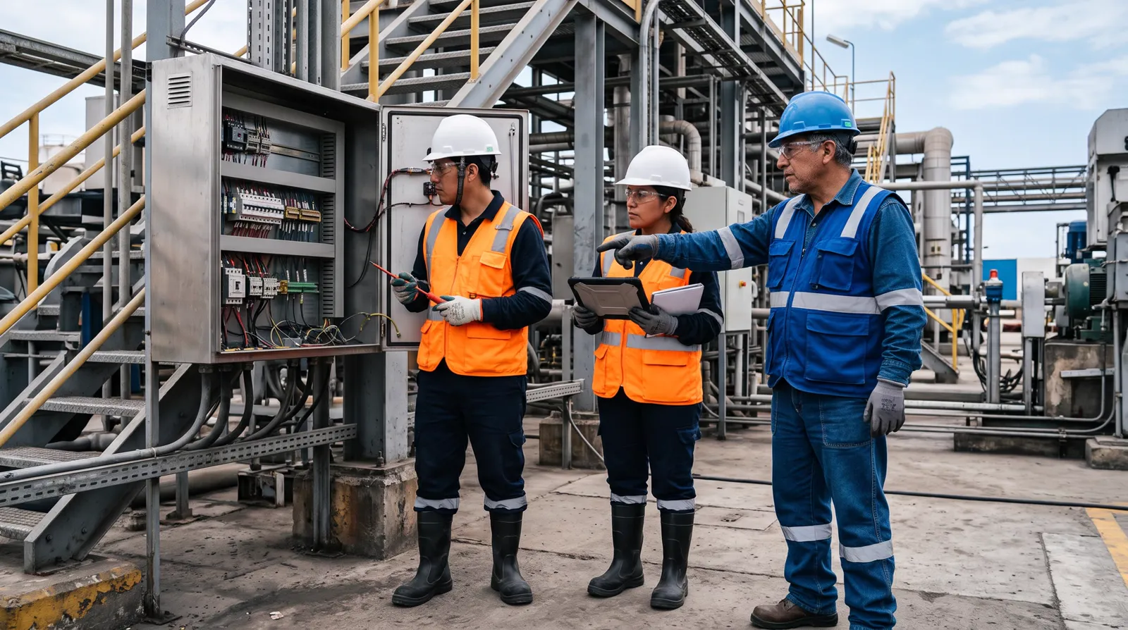Equipo técnico de una empresa de servicios trabajando en planta